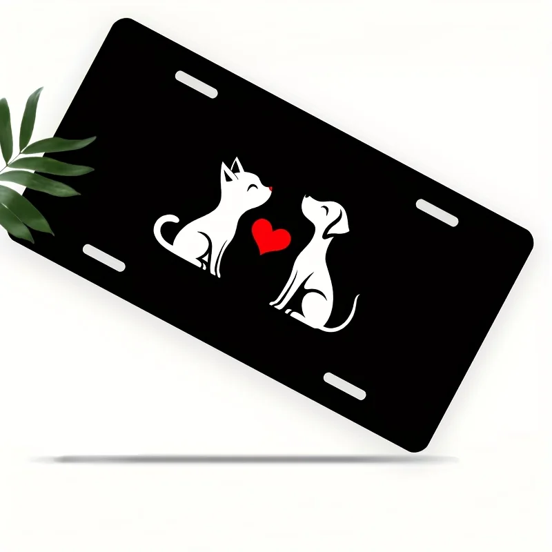 2D Flat, 1pc 2D Flat Poster Cat and Dog Heart-Shaped Front License Plate Cover and Frame, Aluminum License Plate Cover and Frame