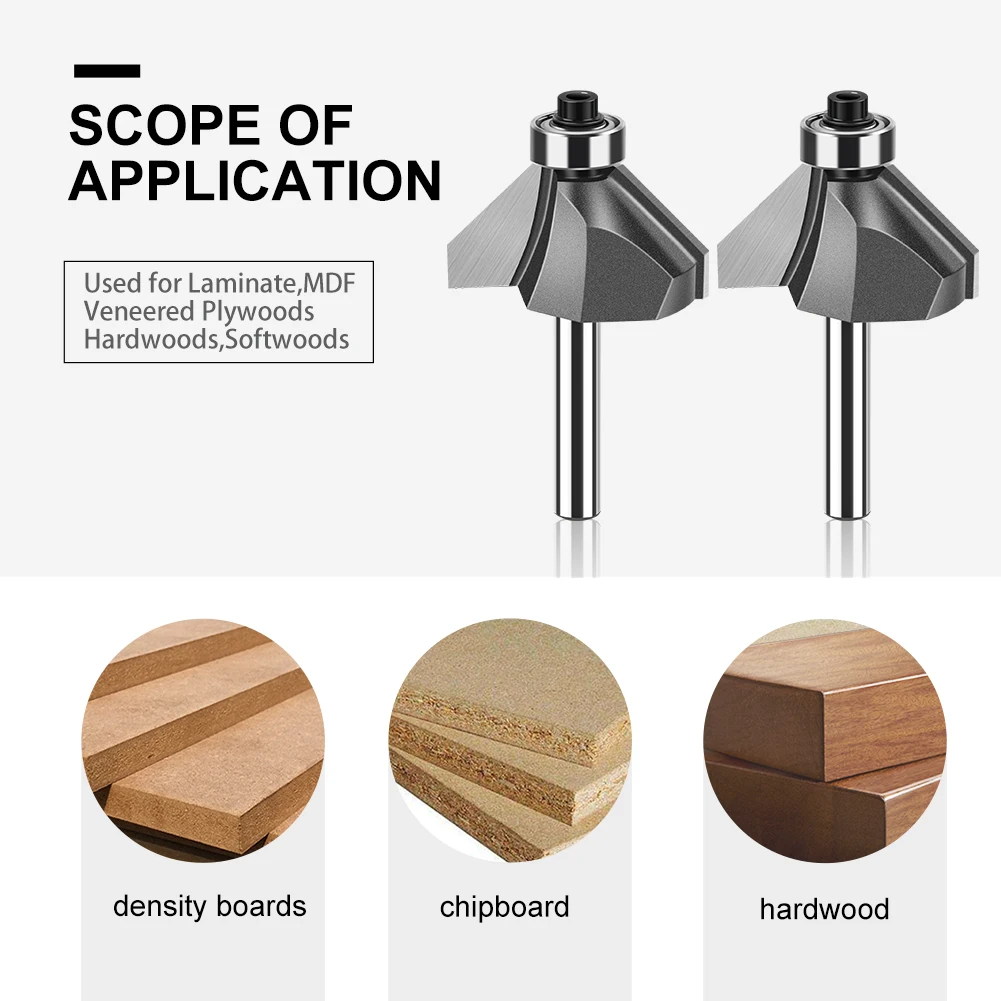 1pc 45 Degrees 1/2 1/4in Shank Chamfer Edge Forming Router Bit With Bearing Woodworking Milling Cutter Tool