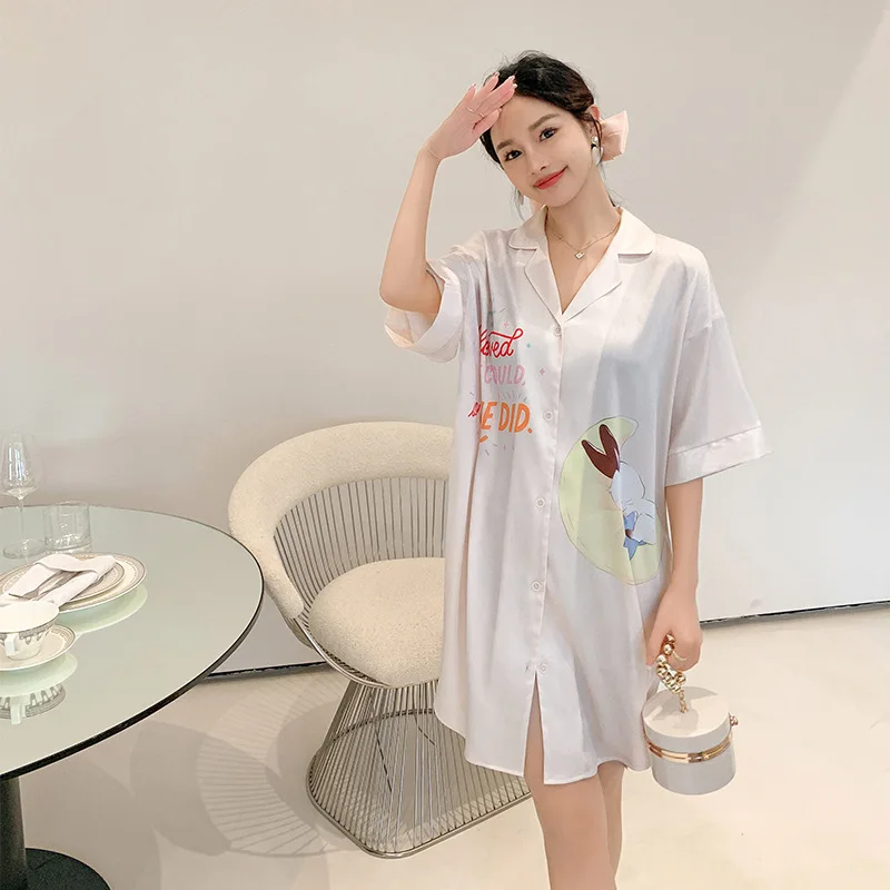 Women's Summer Leisure Pajamas Large Size Medium Long Skirt Nightgown Sweet Girls Cartoon Cardigan Home Clothes Sleep Dress