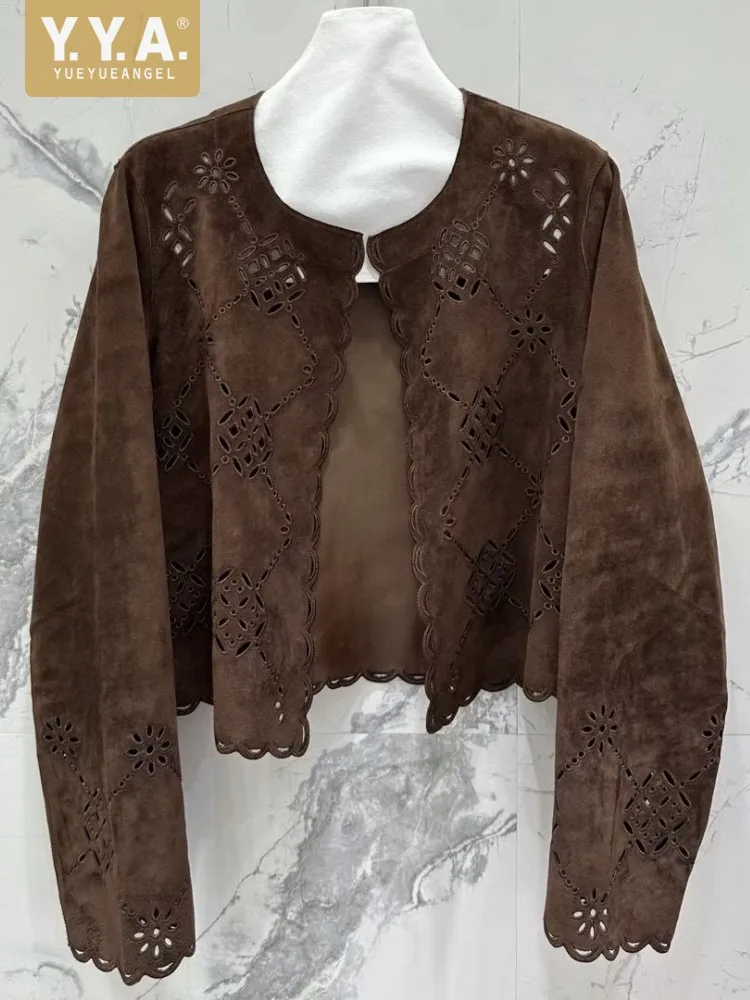 Cappotto corto autunno inverno ricamato femminile scavato Giacca vintage in vera pelle scamosciata slim fit colletto tondo moda donna elegante