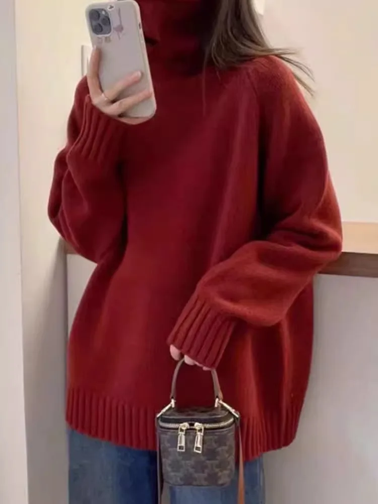 

Зимний теплый белый свитер с высоким воротником и длинными рукавами, мягкий, удобный, новогодний красный вязаный свободный топ для женщин, модный, стройнящий силуэт