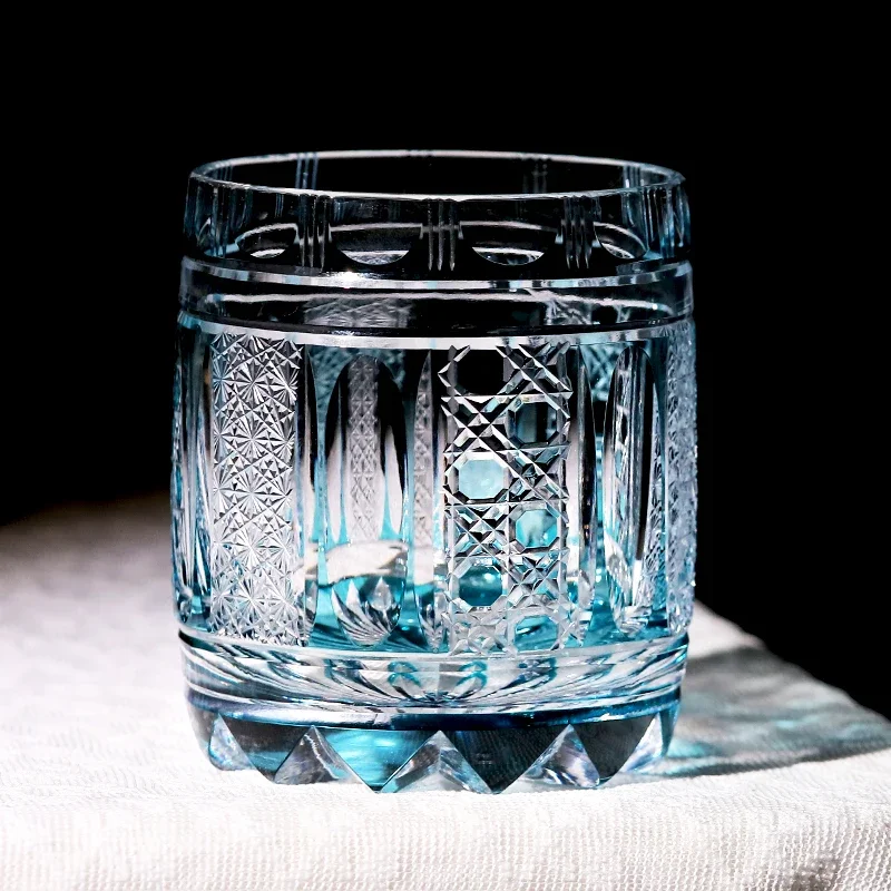 Handmade Sky Blue Rocks Whiskey Glass Tumbler with Varied Edo Kiriko Cuts Japanese Style Cocktail Glasses for Table Home Bar