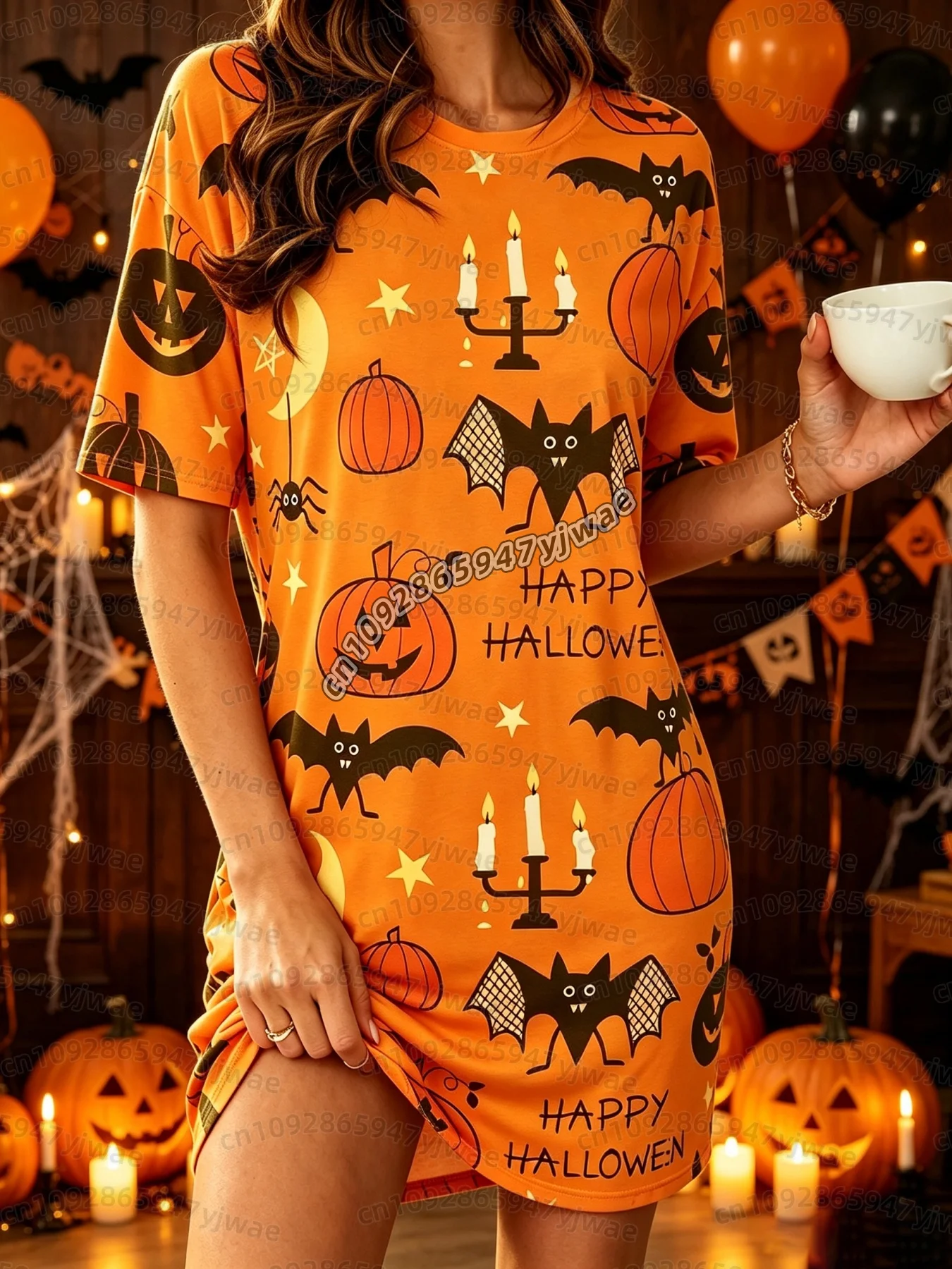 26 Damen „Halloween Karnevalsnacht“ Orange Kürbis-Fledermaus-Print T-Shirt-Kleid Damen Halloween Cosplay T-Shirt-Kleid – Detail 5