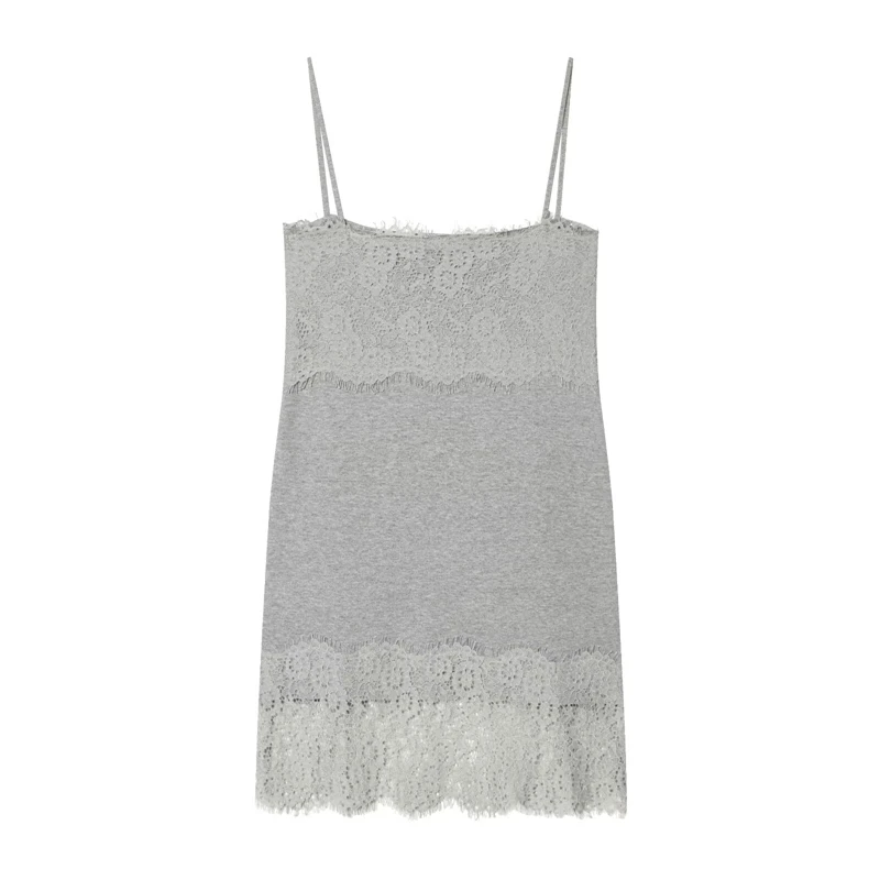KEYANKETIAN 2026 Summer New Women's Lace Decorated Knitted Strap Dress Grey Fashion Sexy Sheath Tight-fitting Mini Dresses