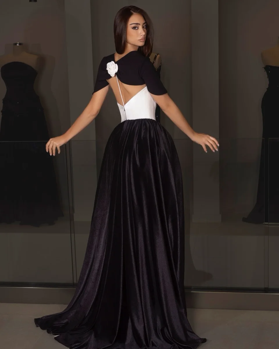 Classic Black White Fashion Ball Gown Square Neck Contrast Color Satin Floor Length Slim Fitting Evening Prom Party Dress