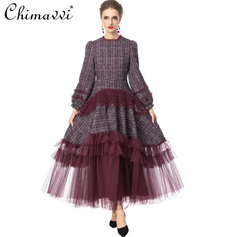 

Heavy Sequin Round Neck Long Sleeve Ruffle Trim Tweed Flared Dress Autumn Winter Fashion High Waist Elegant Short Women's Dress