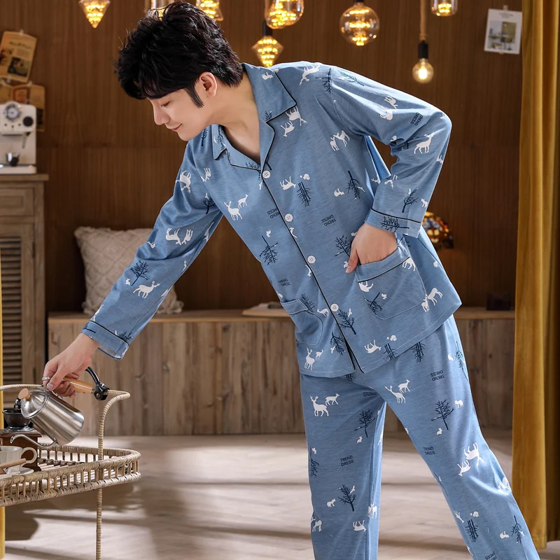 

Men's Spring Autumn and Winter Pajamas Printed Long-Sleeved Cardigan Lapel Big Size Home Wear 2 Piece Set Thickened Sleepwear