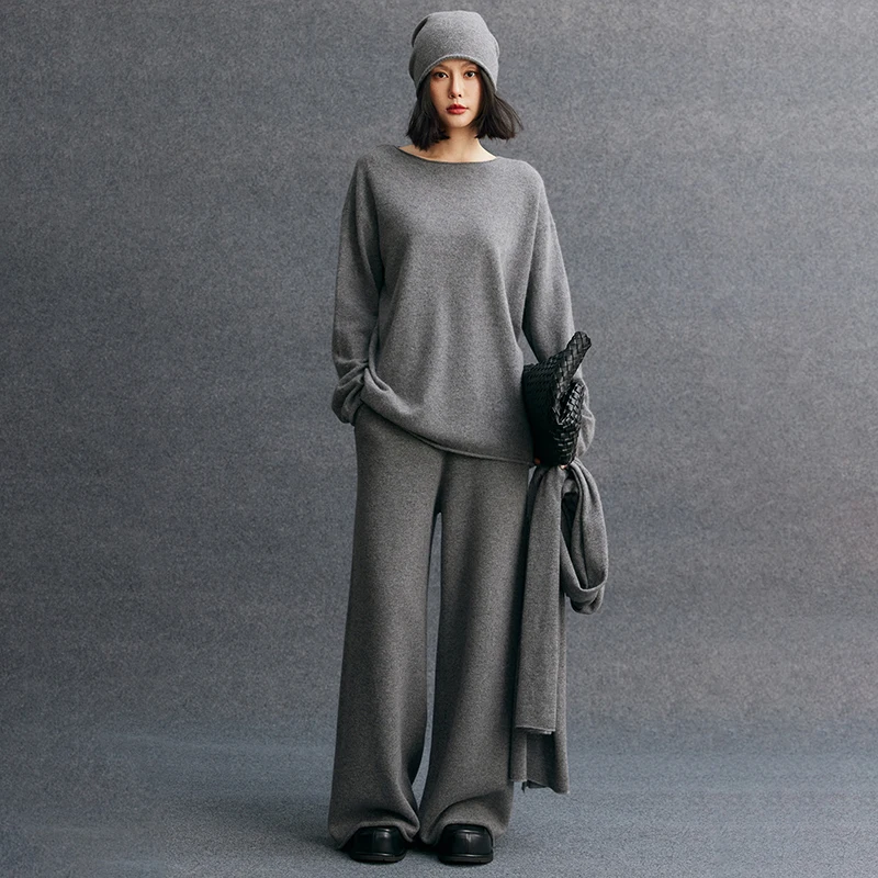 Women's Matching Set 100% Pure Cashmere Round Neck Pullover Sweater Casual Solid Color Knitted Loose Wide Leg Pants 2-Piece Set
