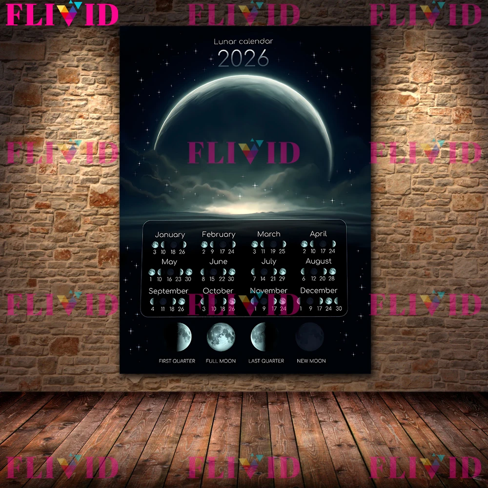 Wiccan Moon Calendar 2026 And Moon Phases Wall Art Canvas Painting,2026 Lunar Phases Black And White Art Poster Print Decoration