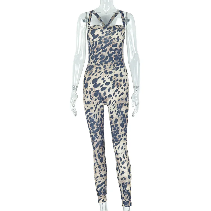 Stylish Lady Leopard Printed Backless Jumpsuits 2025 Summer Women Spaghetti Strap Bodycon Slim Sexy Club Party Street Overalls
