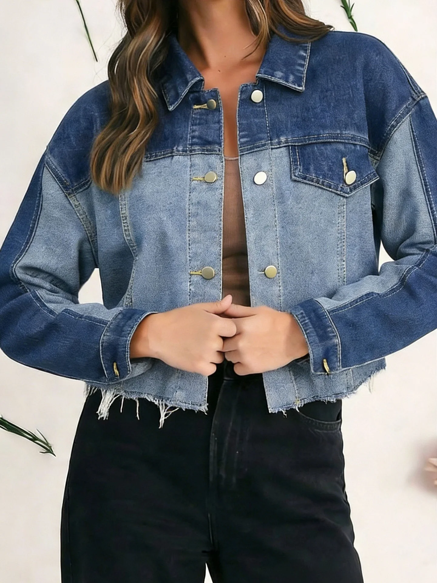 Trendy Color Blocked Denim Jacket Women Loose Casual Versatile Single Breasted Raw Edge Coat Spring Autumn Vintage Outerwear