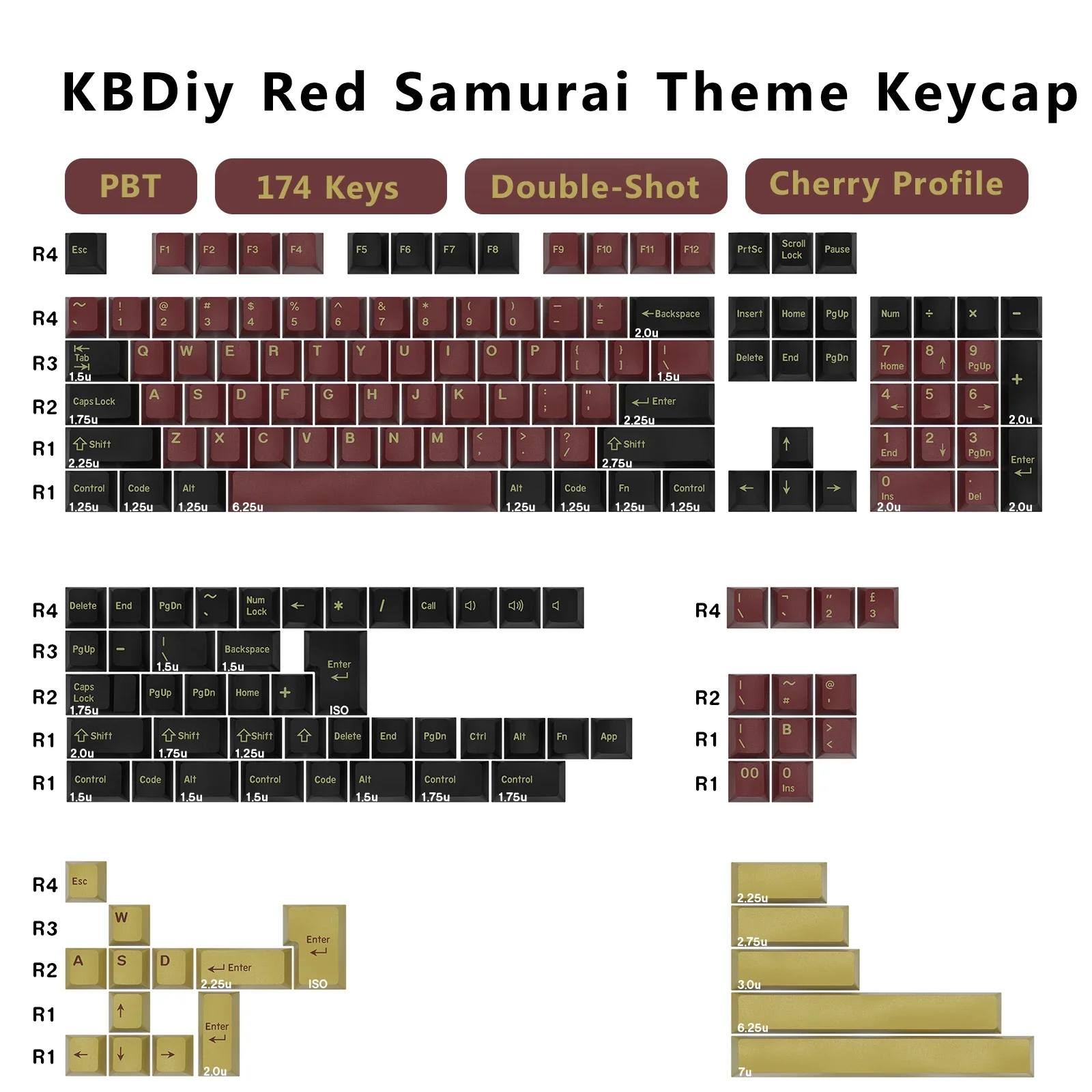 KBDiy GMK Keycap Double Shot Cherry Profile PBT GMK Red Samurai Keycaps for Mechanical Keyboard ISO  176 Keys/Set for GMK67 K500