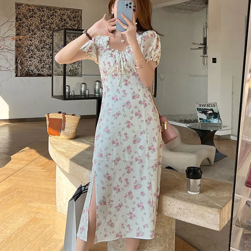 Chiffion Bloemenprint Puff Mouwen Tie Front High Split Jurk Vrouwen Ruches Trekkoord Party Holiday Lange Jurk Vestidos Zonnejurk