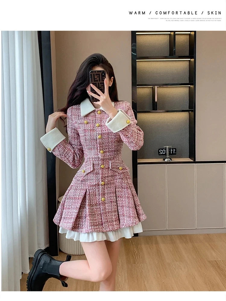 MIni Pink Dresses 2024 New Autumn Plaid Patchwork Women Dress Small Fragrance Tweed Single Breasted Sashes Party Female Vestidos