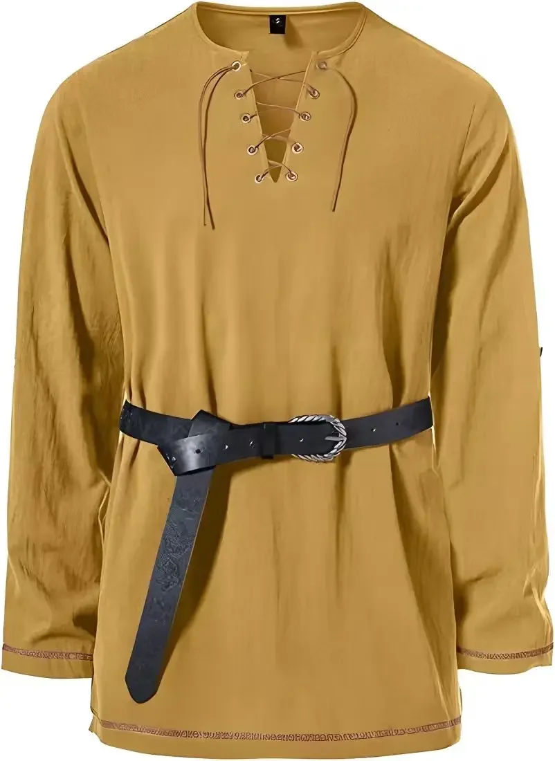 Mittelalterliches Schnürhemd für Herren mit Gürtel, langärmelig, Vintage-Piraten-Wikinger-Oberteil, Halloween-Cosplay-Kostüm, lässige Bluse – Detail 22