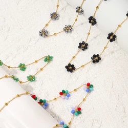 G&D Bohemia Flower Charm Beads Chain Necklace Handmade Stainless Steel Daisy Choker Necklace Non Tarnish Jewelry for Women