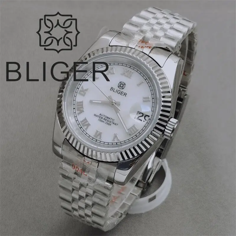 BLIGER 36mm/39mm Silver Bezel White Pink BrowDial Roman Index NH35 Automatic Movement Mens Watch Jubilee Bracelet Green Luminous