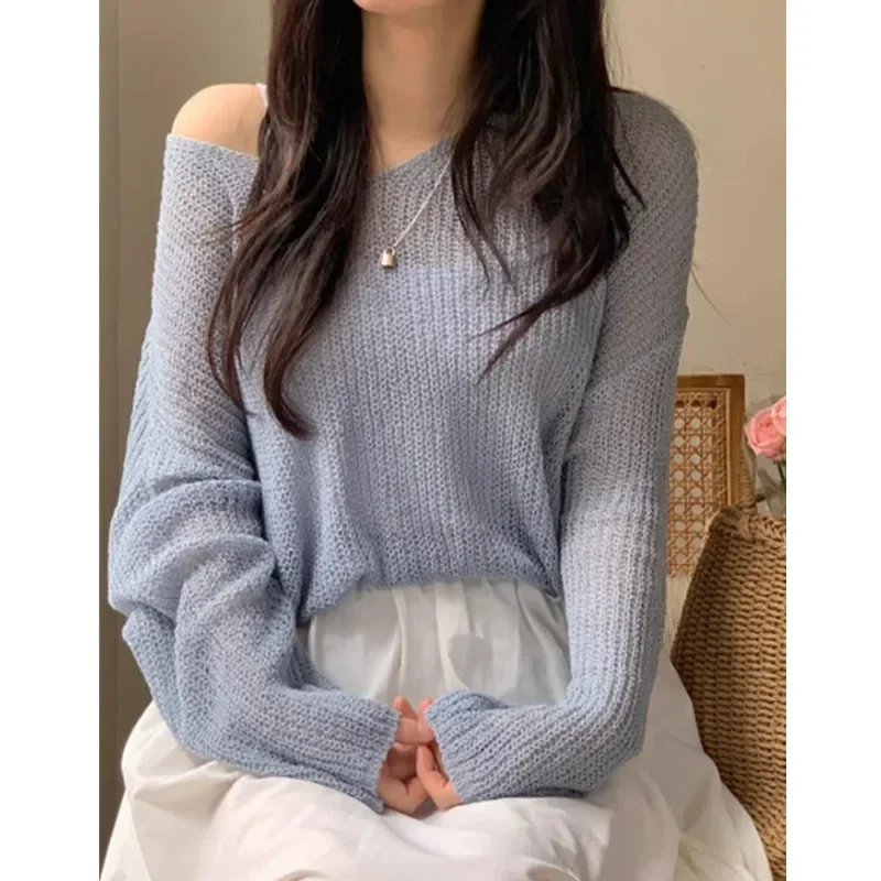 Fashion Knitted Mesh Pullover Women Summer Autumn thin v-neck Casual Ladies loose Hollowed Out Tops Female Sunscreen cover shirt