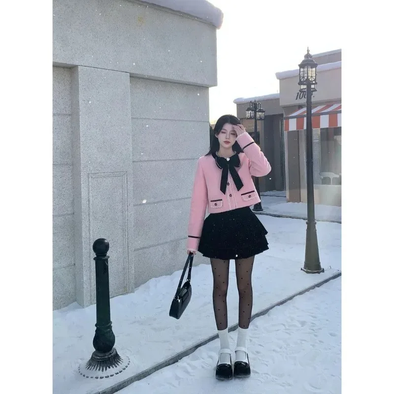 Sweet Temperament Woolen Coat Sparkling Fluffy Skirt Two-piece Set Women Fashion Bow Splice Celebrity Korean Slim Winter Suit