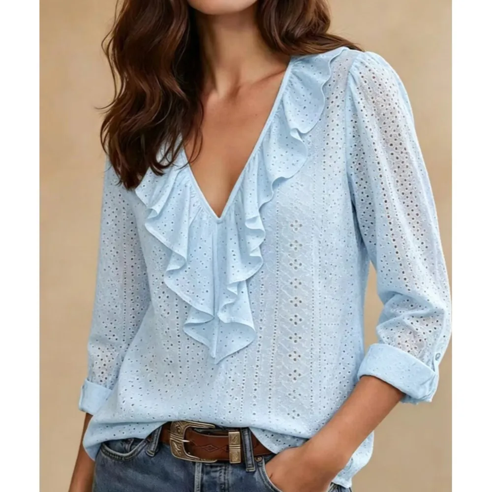 Autumn New Style Women's Fashion Pinhole Ruffled V-neck Long-sleeved T-shirt Tops Elegant Female Versatile Roll-sleeved Tops2026