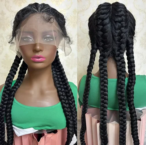 Black Synthetic Fiber Lace Front Wig Heat Safe Glueless Cornrow Braided Wig With 4 Braids Lace Wig for Fashion Ladies Daily Life