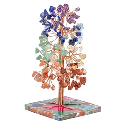 Árbol de cristal de 7 Chakras con Base de rebanada de ágata de resina, árbol de dinero de la suerte para decoración del hogar