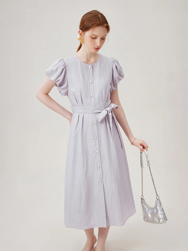 FSLE Women Summer Long Dress Bud Sleeve Light Purple Single Breasted A-LINE Skirts 5.4% Linen Summer Thin Female Dress 24FS18062