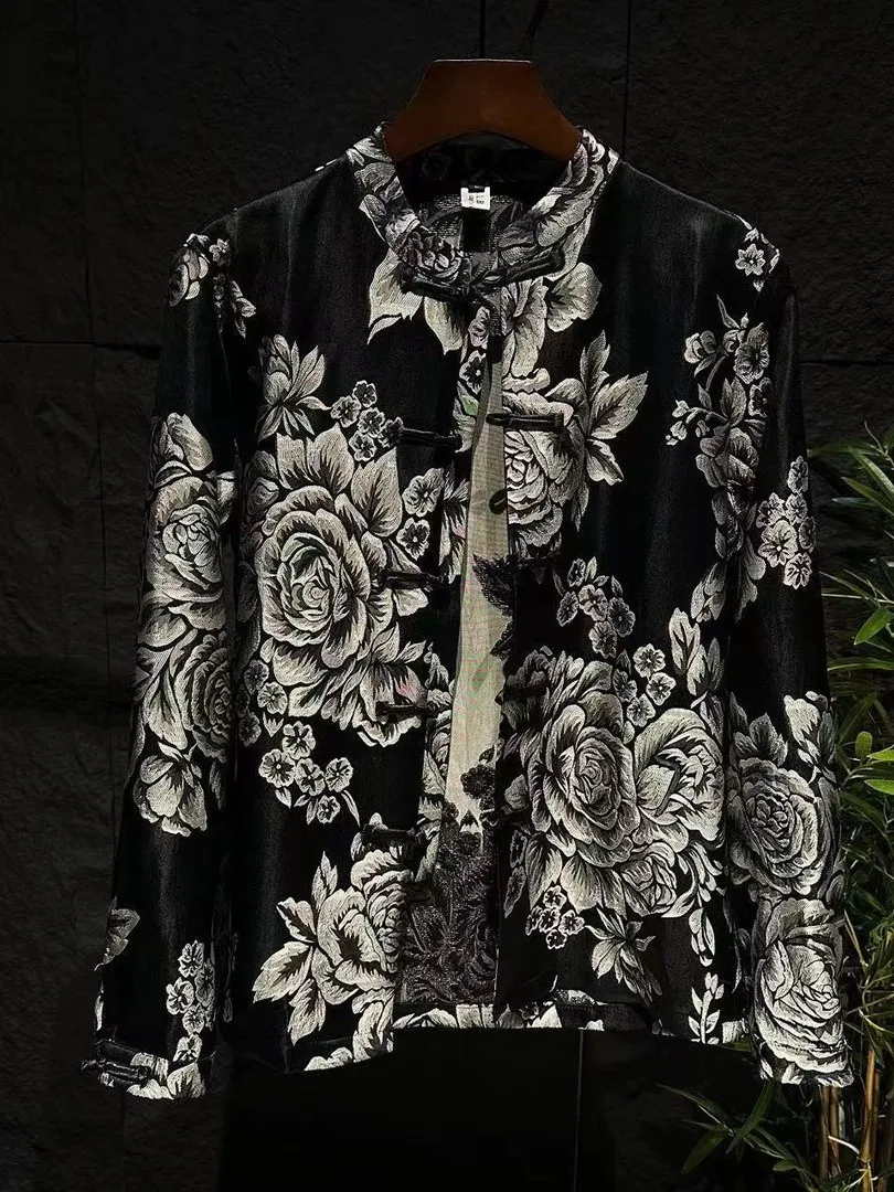 

New Chinese Sle Men's Floral Print irt Stand Collar Long Sve High Faion Trend Ele Feeling Tied-Button Polyester ...