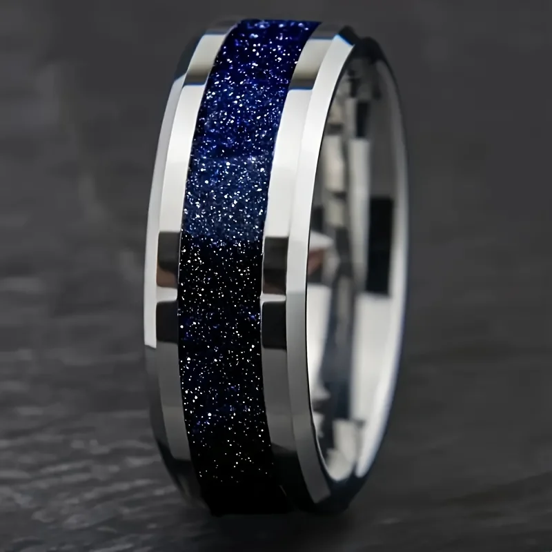 Tungsten Carbide Ring Wedding Engagement Steel Color Inlaid Lapis Lazuli Tungsten Steel Men\'s Ring