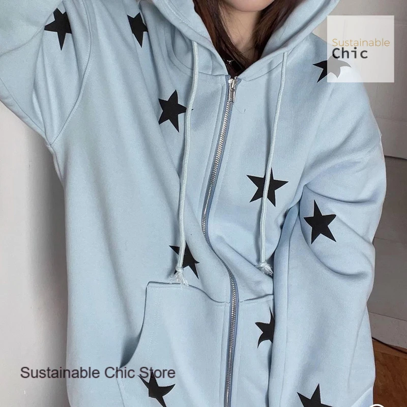 American style hiphop stars full print hooded plus size sweater women's autumn and winter casual zipper cardigan casual coat