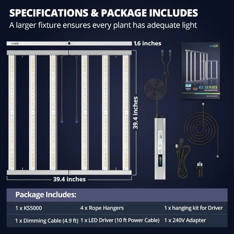 VIPARSPECTRA KS5000 LED-groeilicht 500 W met Samsung LM301H Osram-diodes, uniforme PPFD dimbare madeliefjeketting 6 bars kweeklampen