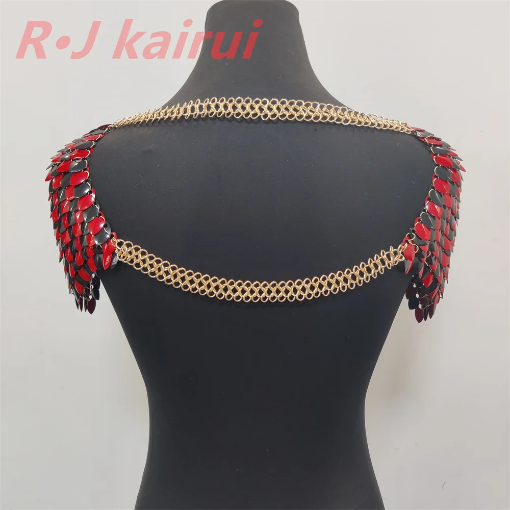 New Fashion RJFS103 Double Mermaid Fish Scales Neck Shoulder Chains Layers Red&Black Chainmail Dragon Scale Shoulder Jewelry