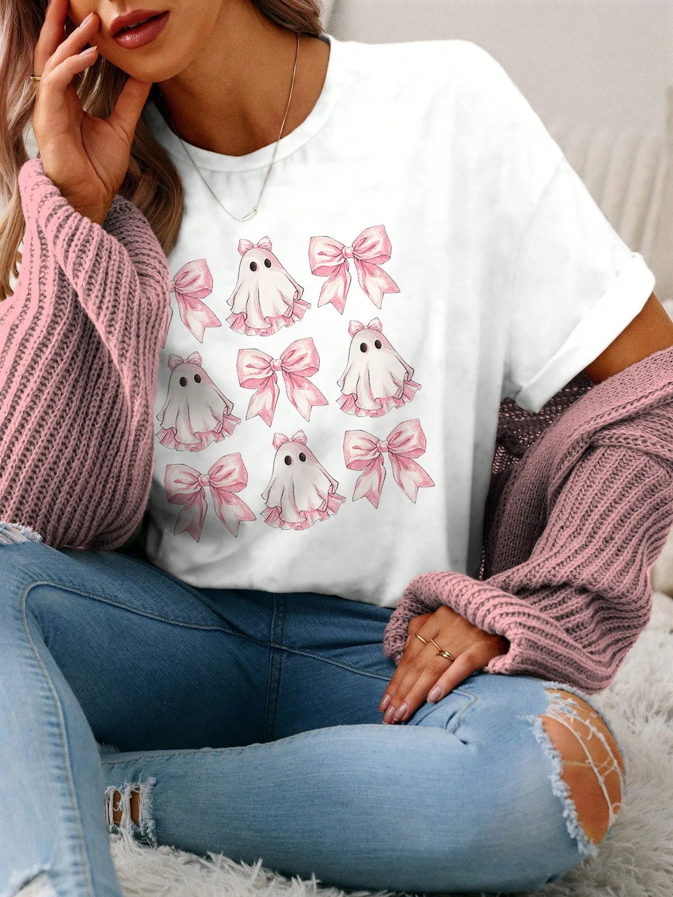 تي شيرت مطبوع عليه رسومات الهالوين لطيف على شكل شبح وفيونكة منقوشة كاجوال برقبة دائرية وأكمام قصيرة للنساء ملابس نسائية #3