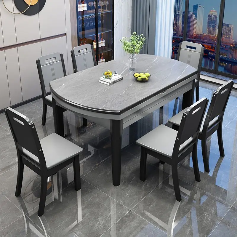Rock slab dining table and chair combination solid wood  household small apartment variable round table foldable