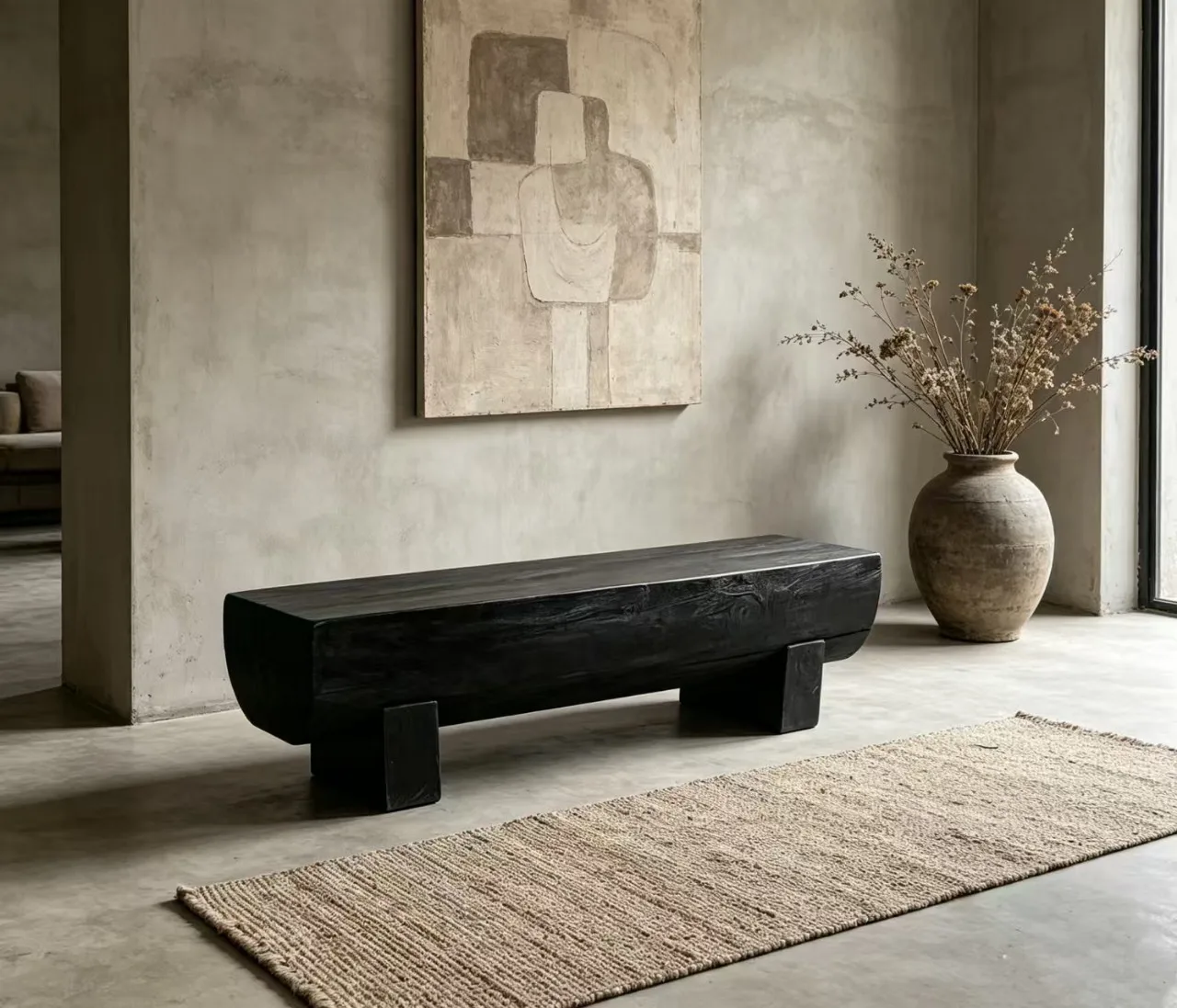 Wabi Sansan wind carbonized bench, black wood wind bench, Japanese tea room bed and breakfast park rest bench