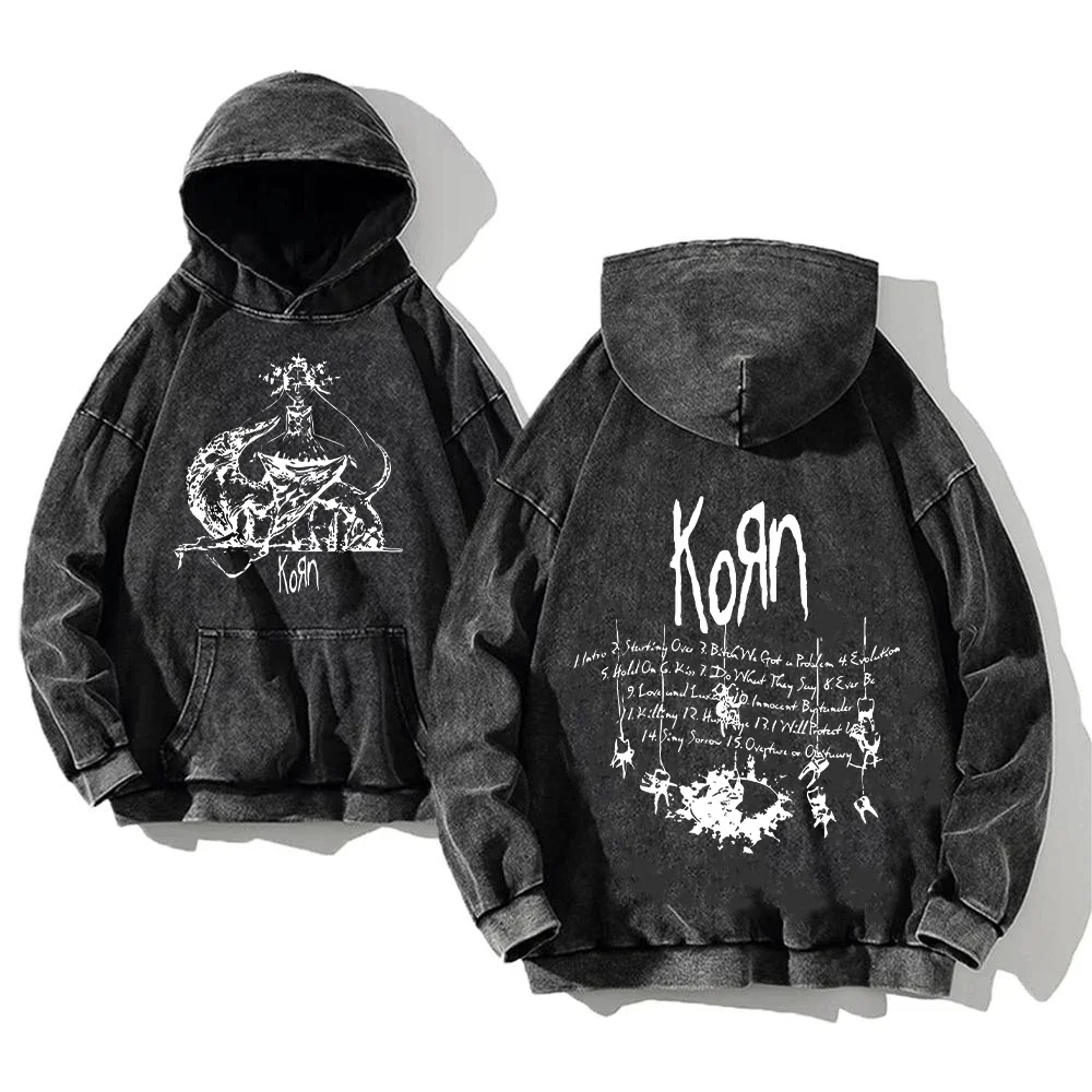 Korn Rock Band World Tour Hoodies Vintage Washed Men\'s Sweatshirts Cotton Hip Hop Streetwear Hooded Pullover Loose Y2K Tops