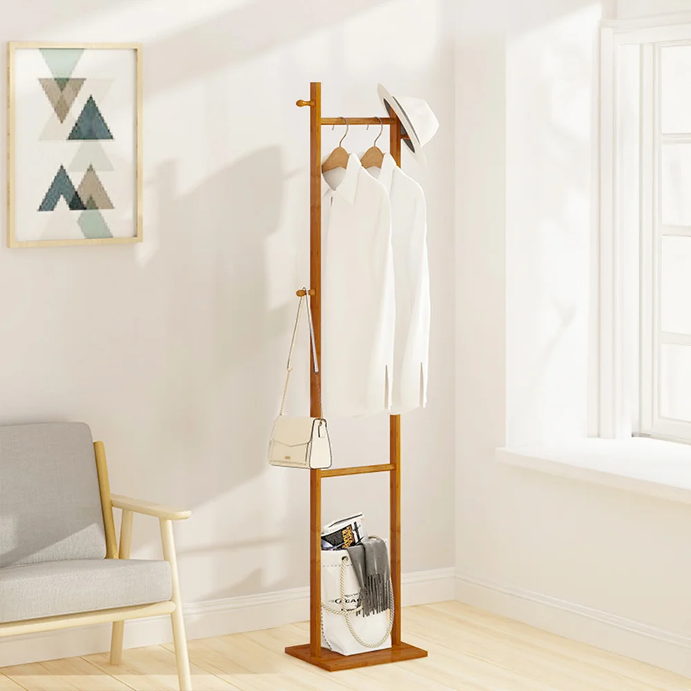 Minimalistic Free Standing Wooden Slim Clothing Rack with Hooks