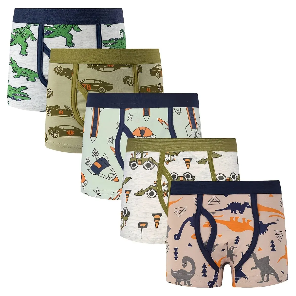 5-Pack Boys' Boxer Shorts with Dinosaur, Crocodile, Construction Vehicle, and Rocket Print – Children's Briefs