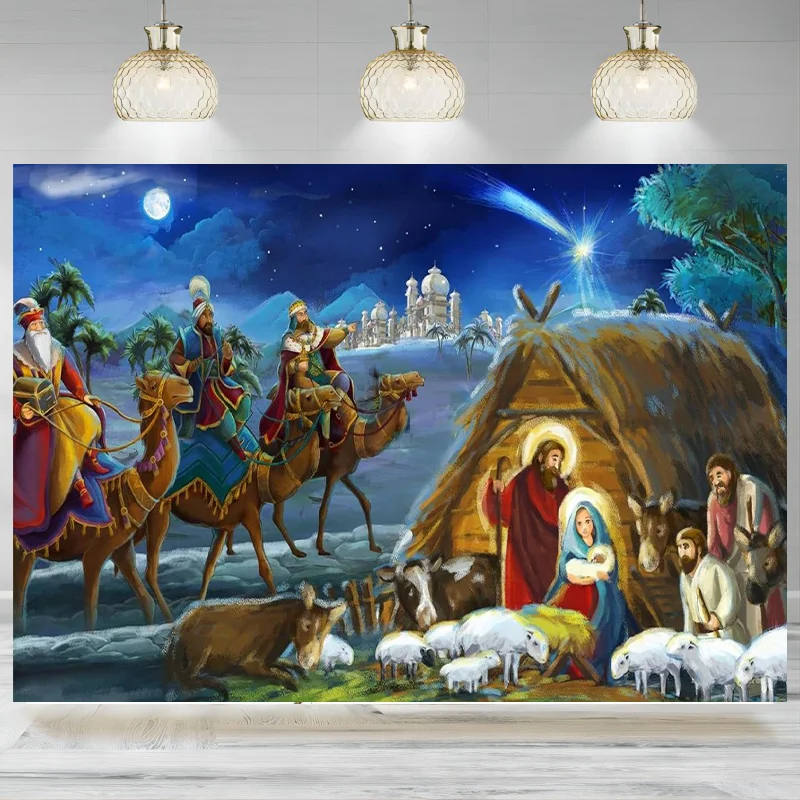 Nativity of Jesus Backdrop Star of Bethlehem Manger Background Christian Christmas Religious Party Decor Photographic Banner