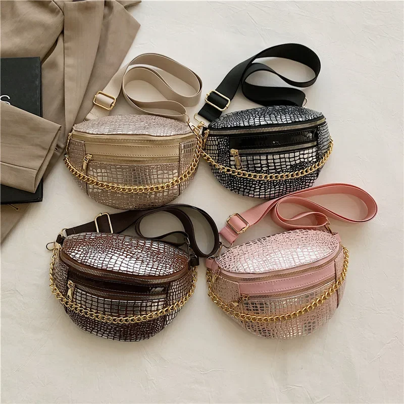 Luxury Chain Waist Bag For Women Pu Leather Fanny Pack Small Stone Pattern Saddle Crossbody Bag Female Versatile Travel Belt Bag