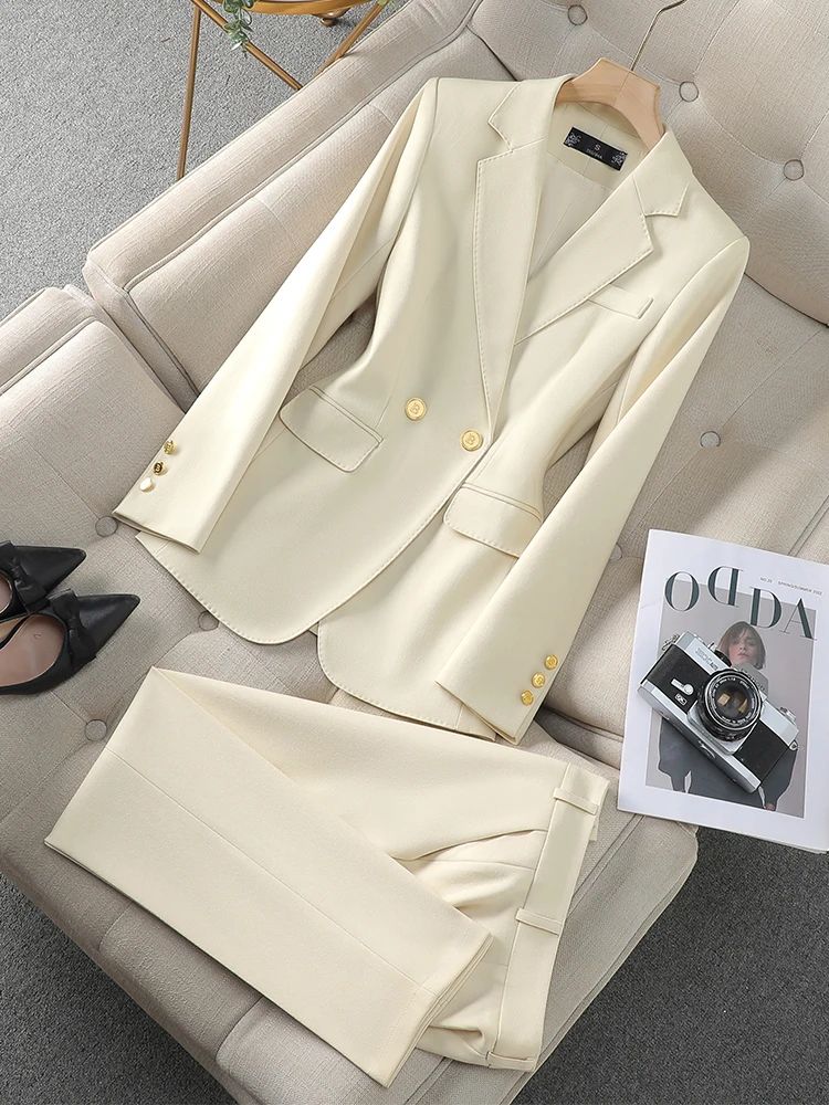 Khaki Beige Black Solid Women Pant Suit 2 Piece Set Ladies Female Business Work Wear Formal Blazer Jacket And Trouser