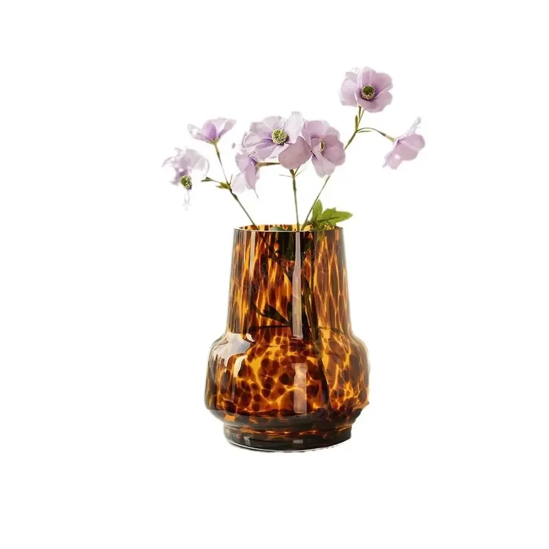 Amber Tortoiseshell Crystal Glass Vase Small Mouth European Style Polished Finish Leopard Print Home Decor Luxury Table