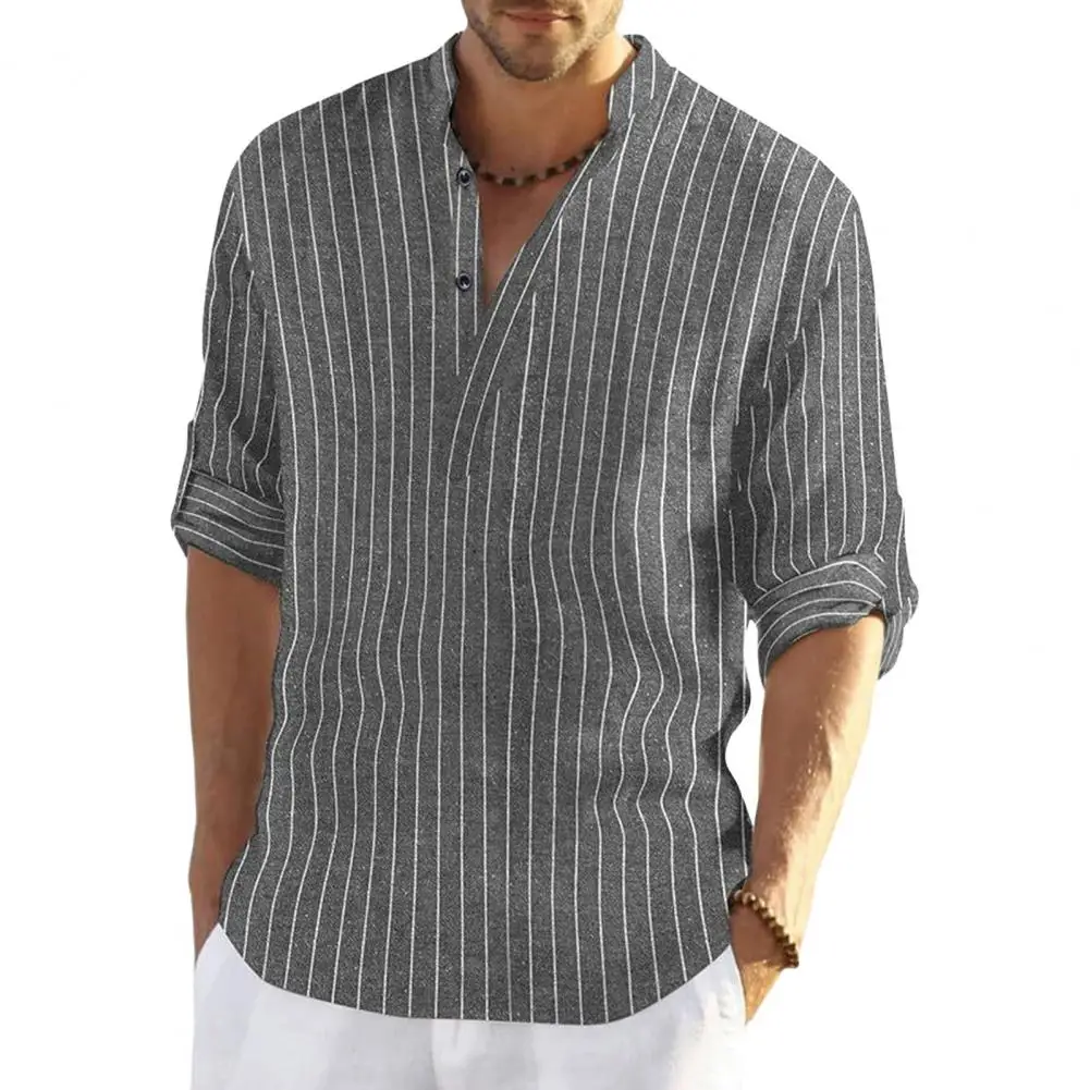 Spring Fall Men Shirt Striped Long Sleeves Half-open Stand Collar with Cufflink Mid Length Loose Top