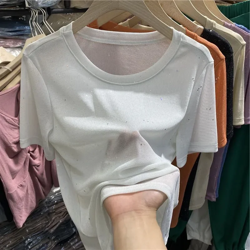 Women's Pink Beige Short Sleeve Blouse Round Neck Sparkle Detail Knit Casual Daily Top