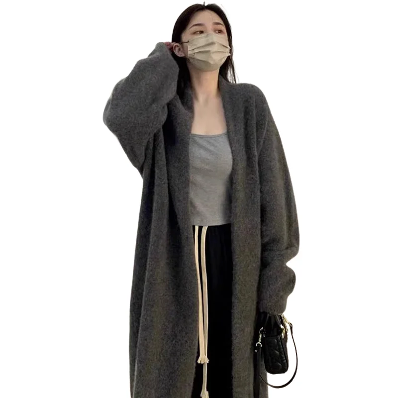 

Girl Grey Long Style Cardigan Coat Autumn Winter Lazy Wind Thicken Over The Knee Sweater Student Leisure Loose Tops Wholesale