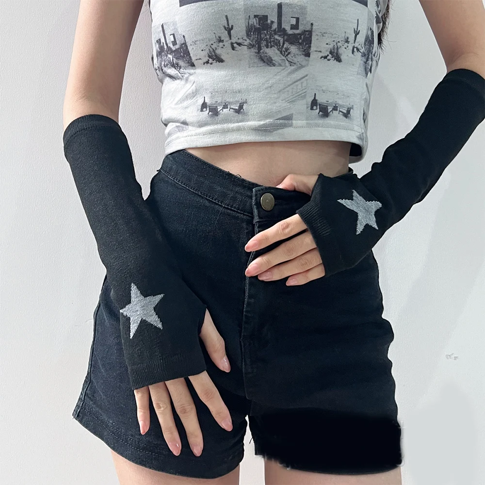 Y2K Goth Lolita Black Love Heart Pattern Sleeves Women Wrist Arm Warmer Knitted Long Fingerless Gloves Black Sun Block Mittens