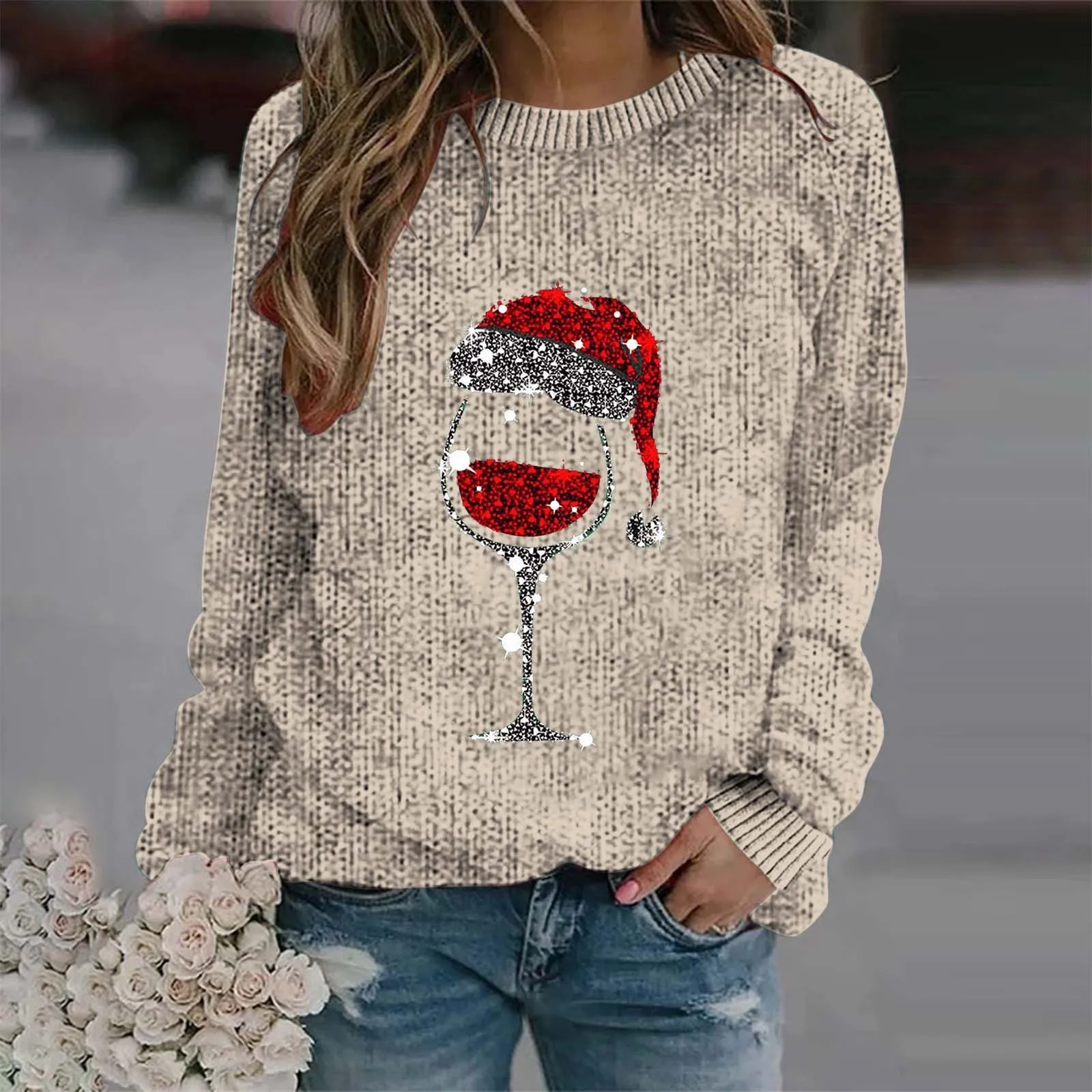 Suéter con cuello en V para mujer, ropa teñida de gran tamaño, suéter con estampado de vino tinto de Navidad, Otoño e Invierno