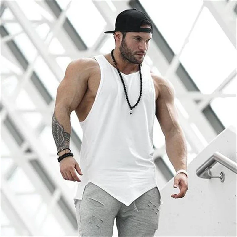 Mens Running Vests Blank Bodybuilding Tank Tops Summer Men Gym Stringer Fitness Sports Cotton Muscle Workout Irregular hem Tank