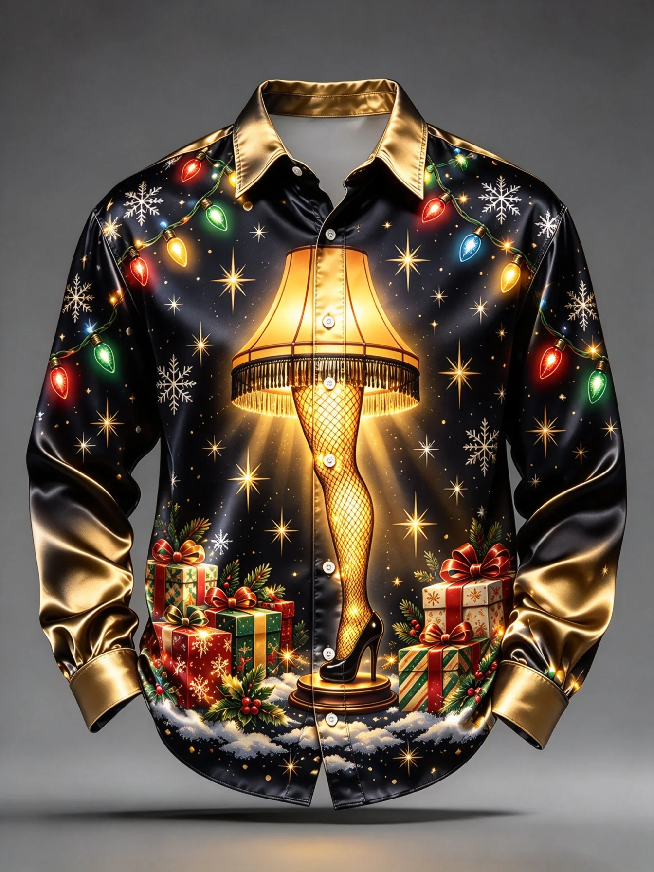 Men Satin Button Up Shirt Green Leg Lamp Gift Snowflake Print Long Sleeve Christmas Party Shirt