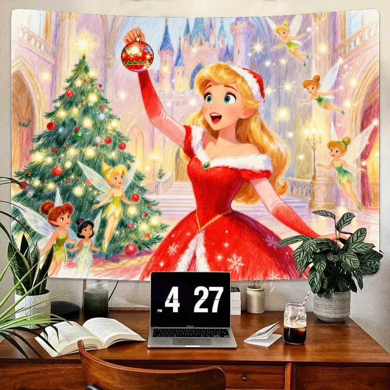 

1PC Christmas Princess Fairies Tapestry, Kawaii Blonde Princess Red Dress Polyester Wall Art for Girls Bedroom Decor Gift